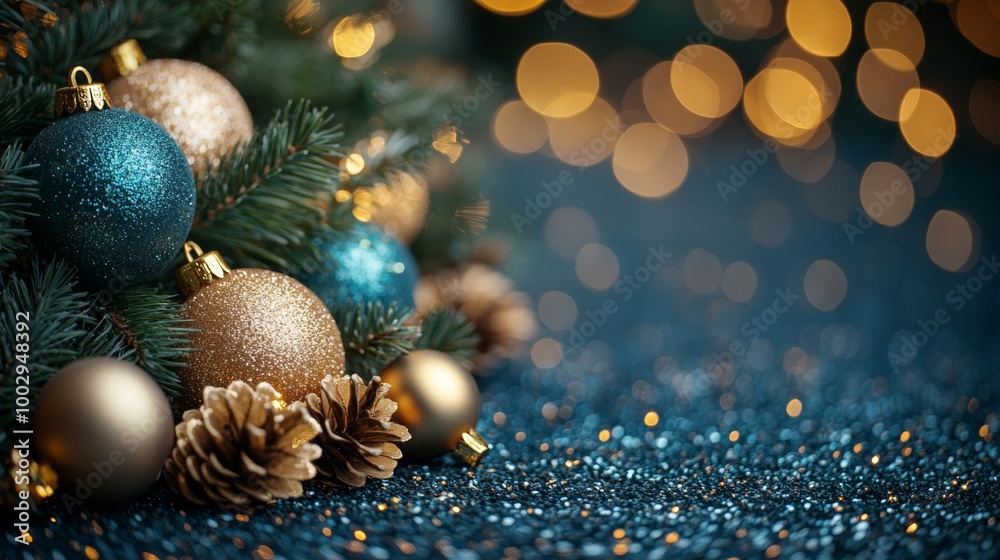 Christmas tree with blue and golden baubles and lights bokeh background. Space for text. Copy space. Greeting card. Christmas tree with blue and golden baubles and lights bokeh background. Space for text. Copy space. Greeting card.