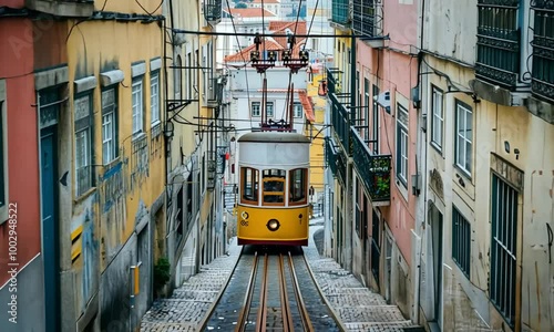 Yellow Tram Ascending a Steep Cobblestone Street in Lisbon