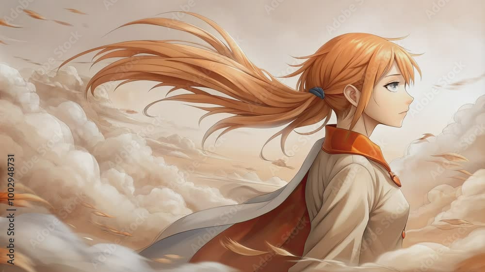 Anime girl with long orange hair and a cape, looking out at the clouds