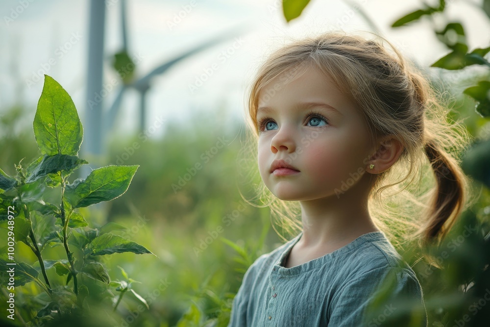 Little girl standing in nature with model of wind turbine. Concept of ecology future and renewable resources, Generative AI Little girl standing in nature with model of wind turbine. Concept of ecology future and renewable resources, Generative AI