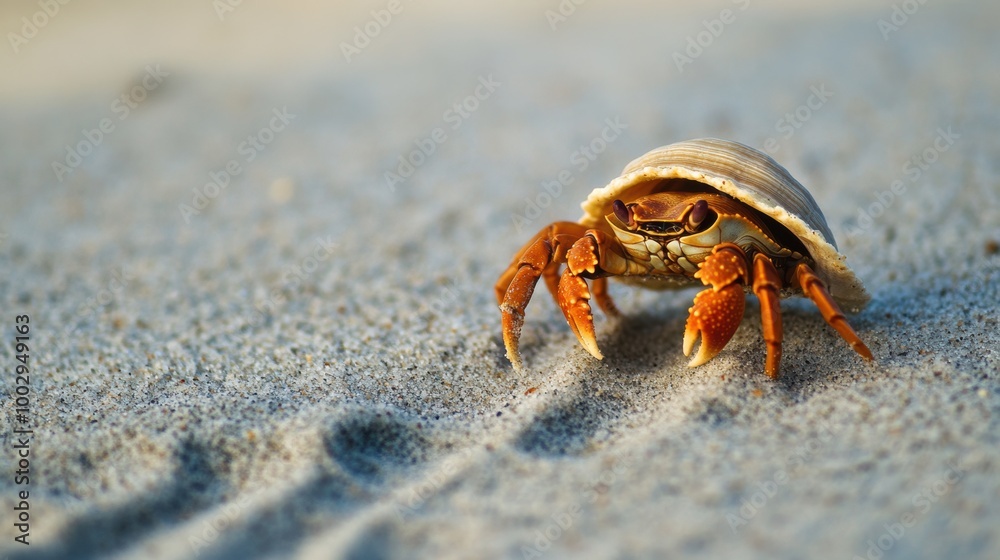Crab on Sandy Beach with Shell and Footprints Crab on Sandy Beach with Shell and Footprints