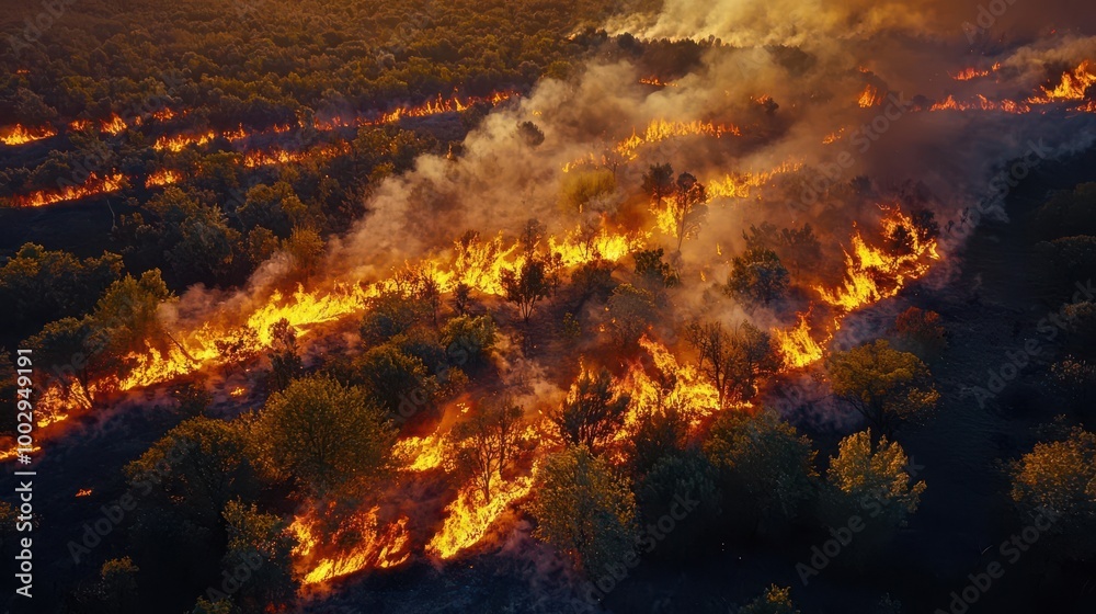 Aerial view of a wildfire consuming trees, with thick smoke rising against a golden sunset, showcasing nature's power and destruction. Aerial view of a wildfire consuming trees, with thick smoke rising against a golden sunset, showcasing nature's power and destruction.