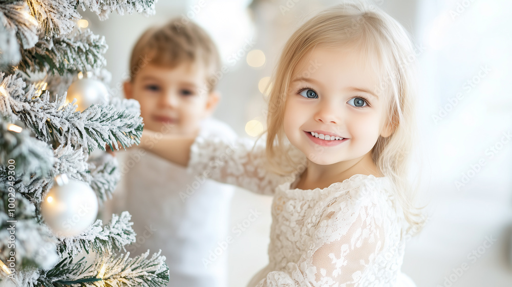 Cute Caucasian Siblings in White Christmas Elegant Outfit, Brother and Sister Decorating Christmas Tree, Happy Children with Xmas Decoration. Cute Caucasian Siblings in White Christmas Elegant Outfit, Brother and Sister Decorating Christmas Tree, Happy Children with Xmas Decoration.