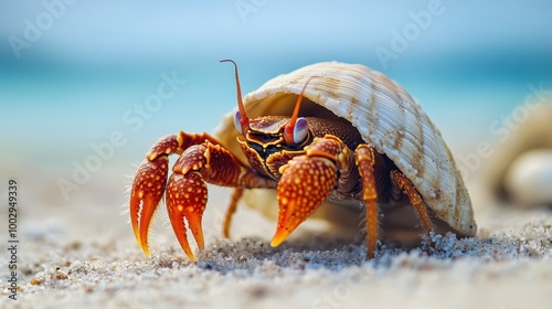 Colorful Hermit Crab on Sandy Beach Shoreline