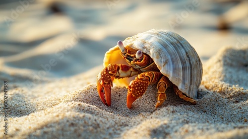 Colorful Hermit Crab on Sandy Beach Shoreline