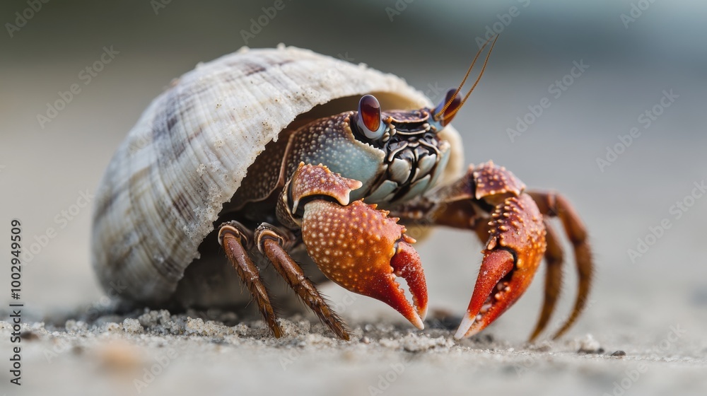 Colorful Hermit Crab in Shell on Sandy Beach Colorful Hermit Crab in Shell on Sandy Beach