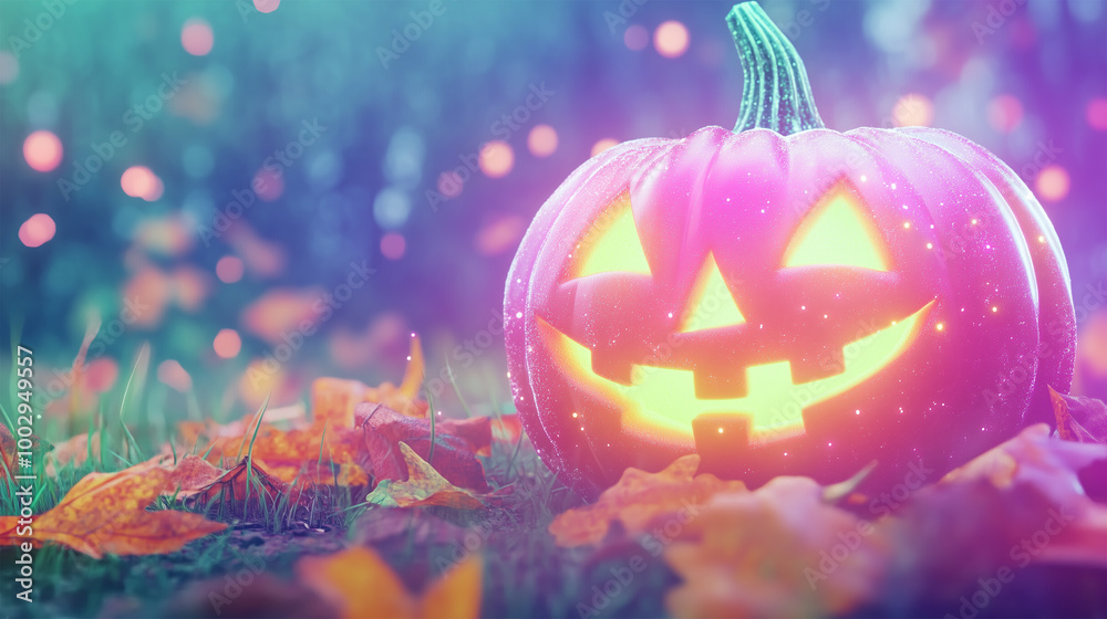 Naklejka premium Spooky Carved Pumpkin Background, Jack-o'-Lantern with Lighting Candle for Halloween Celebration, Haloween Night Theme Background.