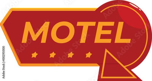 Red and orange motel sign pointing to the right with the word motel in orange with four stars under it