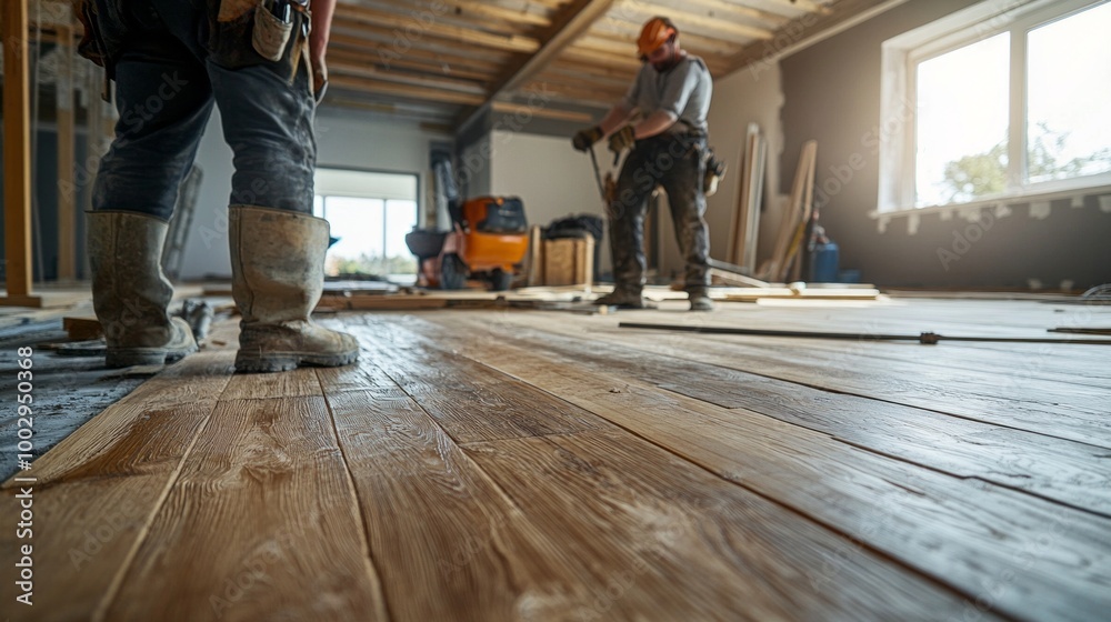 Two men are working on a floor, one of them is wearing a hard hat Two men are working on a floor, one of them is wearing a hard hat