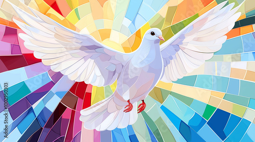 The White Dove as the Holy Spirit, Christian Symbol of Love, Faith, and Divine Goodness, Representing Hope on Stained Glass Church Window