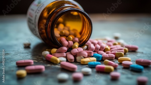 Assorted Medications and Pills Displayed on a Table, Emphasizing Healthcare and Pharmaceutical Industry. A Visual Representation of Medication Variety and Treatment Options.