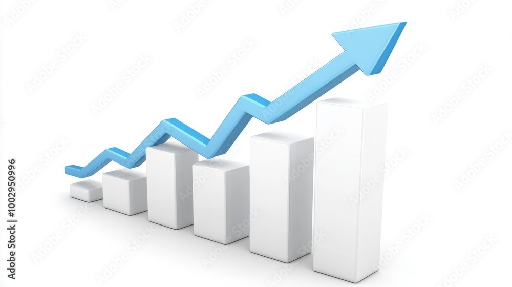 3D Blue Bar Graph with Upward Arrow, Illustrating Business Growth and Positive Financial Progress. Success and Achievement in Industry Data Analysis. 3D Blue Bar Graph with Upward Arrow, Illustrating Business Growth and Positive Financial Progress. Success and Achievement in Industry Data Analysis.