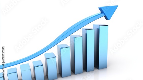 3D Blue Bar Graph with Upward Arrow, Illustrating Business Growth and Positive Financial Progress. Success and Achievement in Industry Data Analysis.