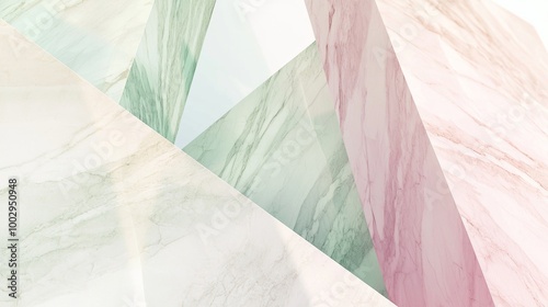 Geometric abstract background showing a close up of pastel pink, green, and white marble tiles forming a modern and minimalist design