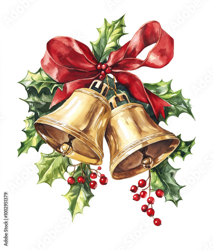 Illustration of Christmas bells decorated with holly and  red ribbons on white background