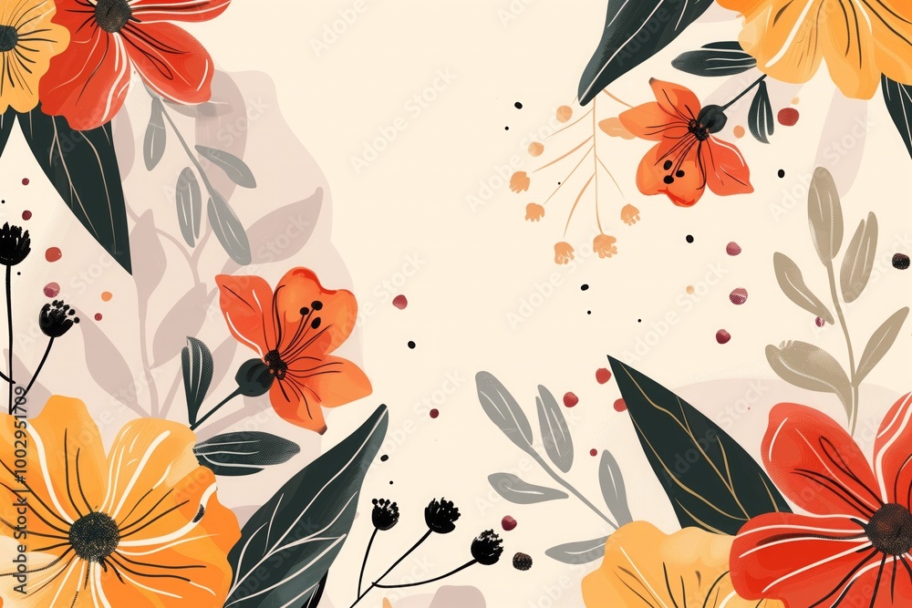 Obraz premium A drawing of a flowery background with a yellow flower in the foreground
