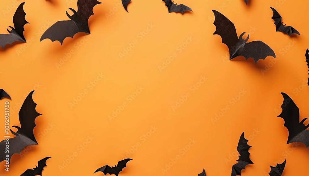 Halloween Decorations Concept. Frame with Black Bats on Orange Background. Flat Lay, Top View, Copy Space Halloween Decorations Concept. Frame with Black Bats on Orange Background. Flat Lay, Top View, Copy Space