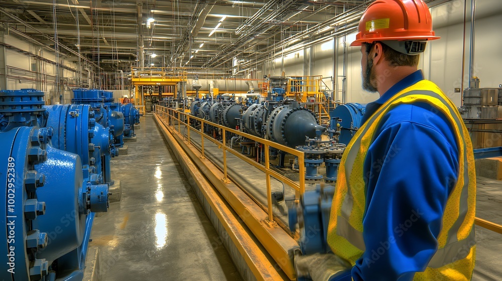 Fototapeta premium An action shot of maintenance workers inspecting large pumps and machinery within the treatment plant. The workers are equipped with safety gear