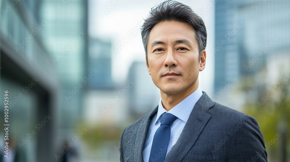 A man in a suit and tie stands in front of a building A man in a suit and tie stands in front of a building