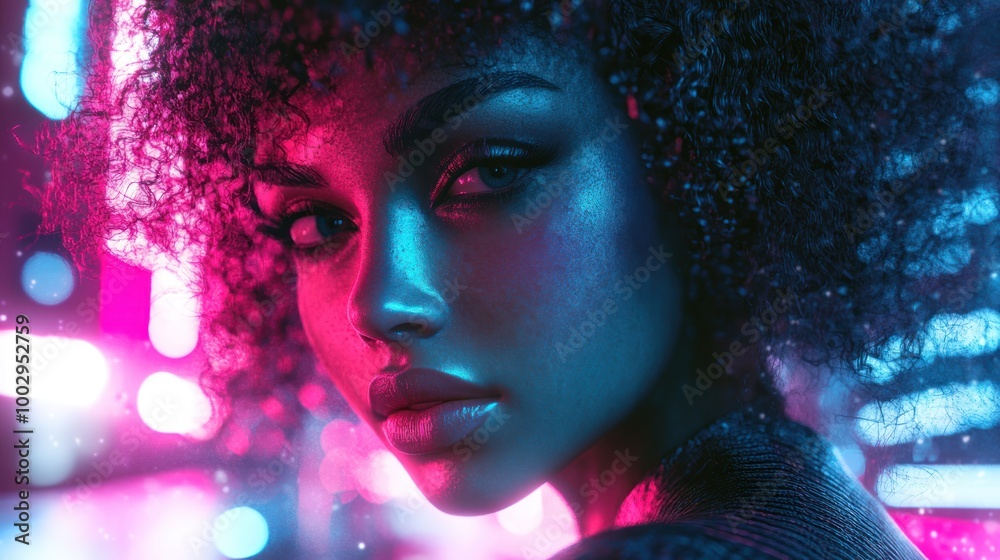 A close-up portrait of a woman with curly hair, illuminated by vibrant neon lights. A close-up portrait of a woman with curly hair, illuminated by vibrant neon lights.