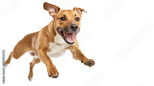 Energetic Dog Leaping in Mid-Air on White Background, Representing Joy, Playfulness, and Dynamic Pet Action photo