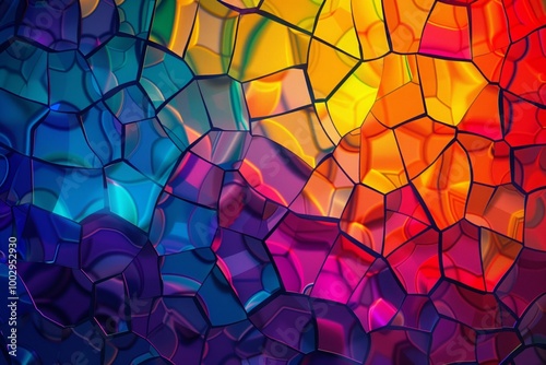 A colorful mosaic of glass pieces with a blue and green background