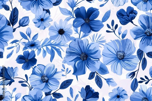 A blue and white floral pattern with blue flowers