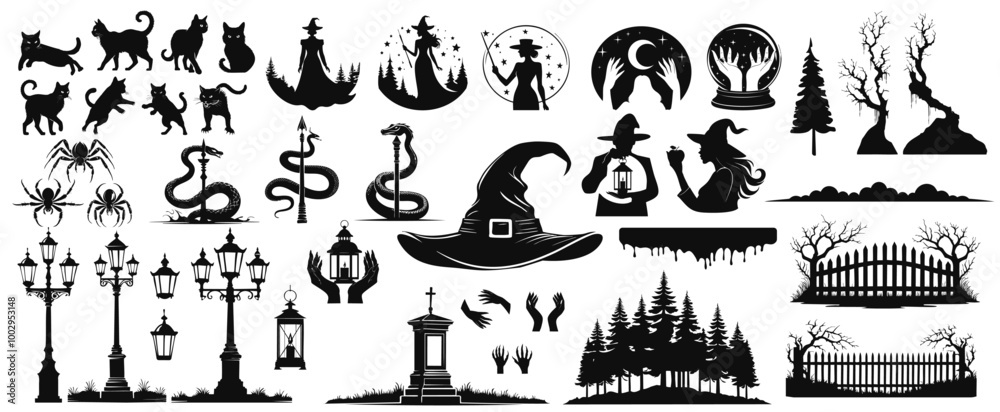 Fototapeta premium Halloween Silhouette Vector Pack illustrations. Spooky drawings, vector tombs and pumpkins