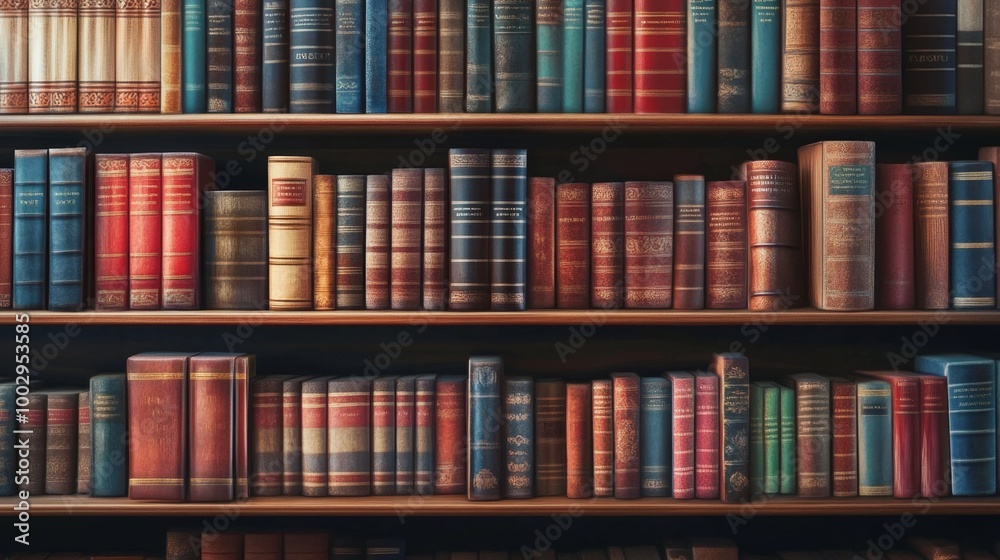 A rich collection of colorful books arranged neatly on wooden shelves in a cozy library A rich collection of colorful books arranged neatly on wooden shelves in a cozy library