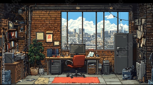 A modern office interior opens to the city, blending sleek design with pixel art style. photo