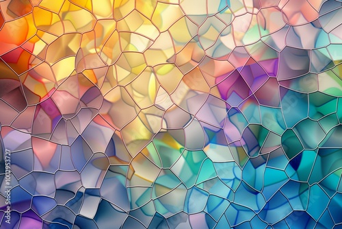 A colorful mosaic of glass pieces with a blue and yellow background