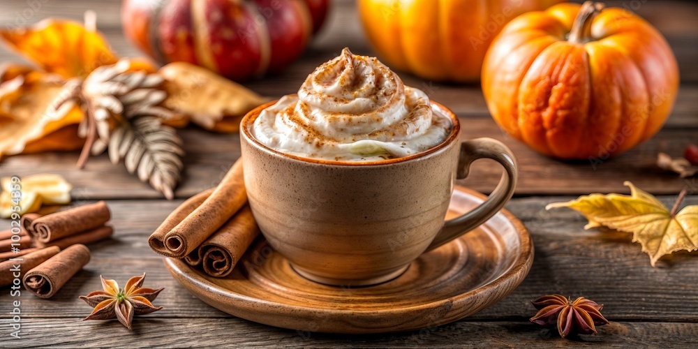 Autumn pumpkin latte with cinnamon and whipped cream on a wooden table, a perfect drink for cool autumn days and celebrating Halloween in a warm and cozy atmosphere. Autumn pumpkin latte with cinnamon and whipped cream on a wooden table, a perfect drink for cool autumn days and celebrating Halloween in a warm and cozy atmosphere.