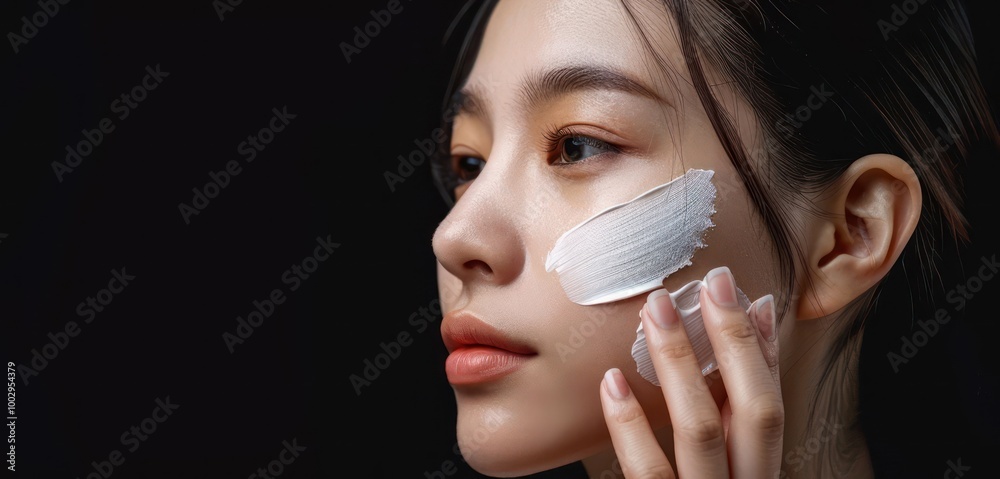 Asian model woman applies white cream face mask in dark beauty studio. Close-up shot focuses on skin care process, highlighting intimate atmosphere and facial details. Asian model woman applies white cream face mask in dark beauty studio. Close-up shot focuses on skin care process, highlighting intimate atmosphere and facial details.