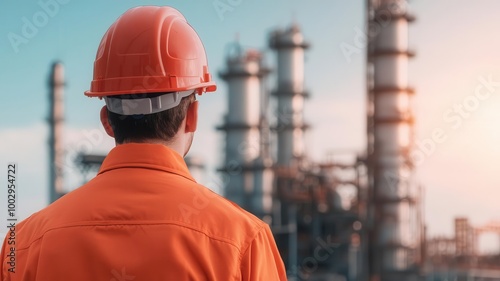 Engineer in a hard hat conducting a safety audit at an oil refinery, engineer in hard hat, industrial safety inspections