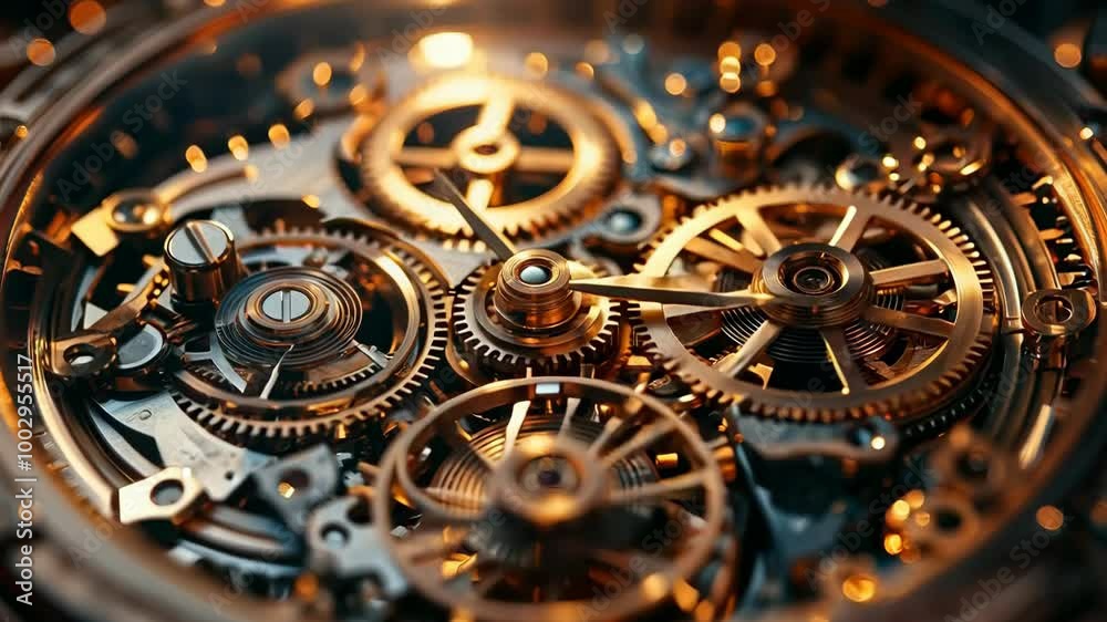 Mesmerizing movement of intricate clockwork gears in golden light ambiance, 4k footage Mesmerizing movement of intricate clockwork gears in golden light ambiance, 4k footage