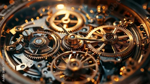 Mesmerizing movement of intricate clockwork gears in golden light ambiance, 4k footage