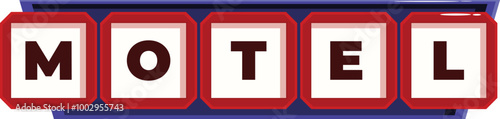 Red and blue motel sign composed of square 3d blocks with black letters spelling out the word motel