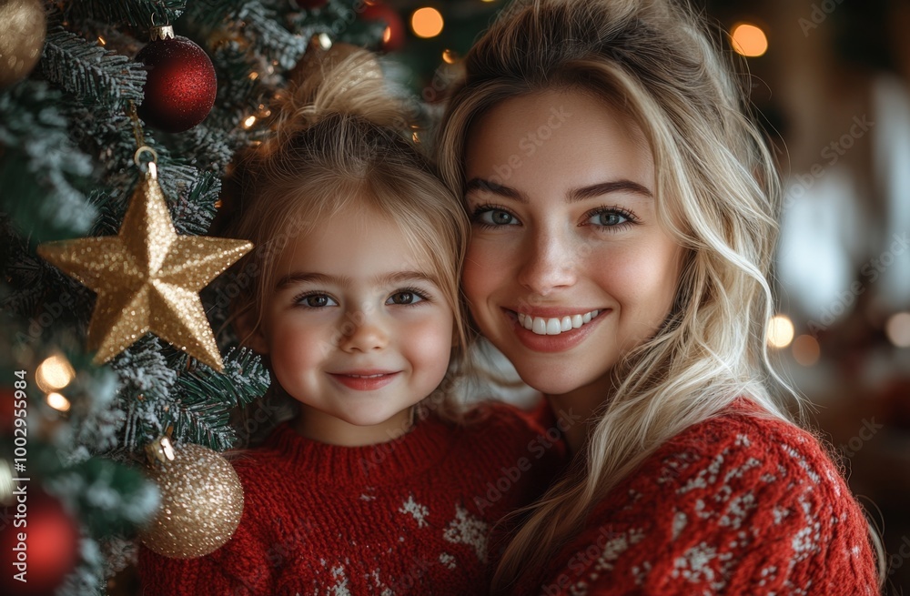 Portrait of beautiful young mother and her little daughter decorating Christmas tree. The concept of a happy family. Portrait of beautiful young mother and her little daughter decorating Christmas tree. The concept of a happy family.
