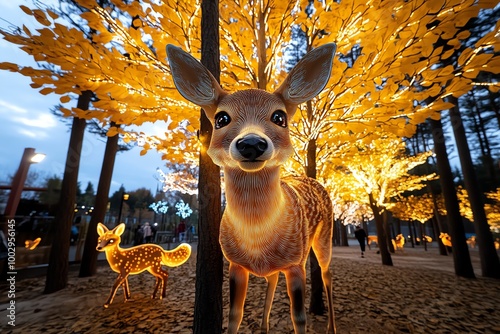 A magical wildlife forest, where glowing animals like deer and foxes roam under enchanted trees with luminous leaves photo