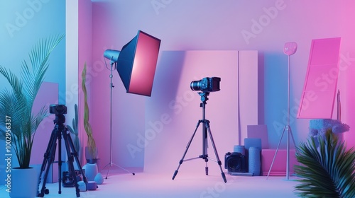 Ultra-Modern Photo Studio Setup with Camera on Tripod and Advanced Photography Equipment in Soft Pastel Background for Product Photography