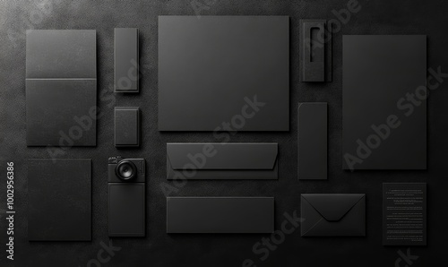 A black branding stationery mockup including letterhead, flyer, poster, business card, and envelope, all isolated on a black background for design, Generative AI