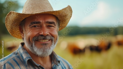 A smiling man wearing a straw hat in a field.