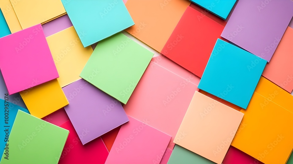 a scattered arrangement of colorful square sheets of paper. The papers are in various bright colors, including pink, blue, green, yellow, orange, and purple