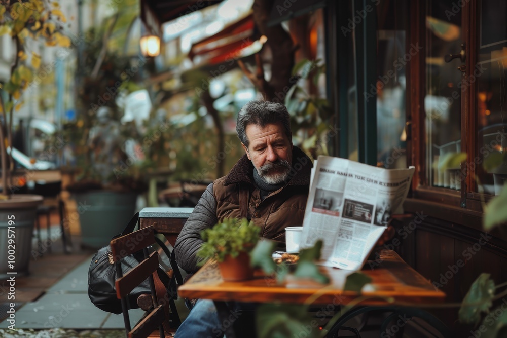 Mature Man Enjoying Espresso at Rustic Cafe, Reading Newspaper, Sporting Stylish Movember Mustache Mature Man Enjoying Espresso at Rustic Cafe, Reading Newspaper, Sporting Stylish Movember Mustache