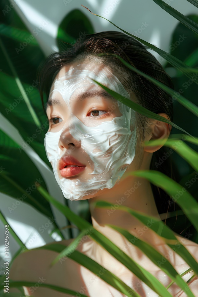 Asian model woman wears white face mask in serene beauty studio with rich plants. Soft focus emphasizes intimate atmosphere, subtle contrast between mask and plants creates intriguing visual effect. Asian model woman wears white face mask in serene beauty studio with rich plants. Soft focus emphasizes intimate atmosphere, subtle contrast between mask and plants creates intriguing visual effect.