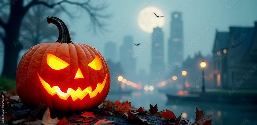 banner carved pumpkin on the background of a modern city, fog, Halloween banner carved pumpkin on the background of a modern city, fog, Halloween