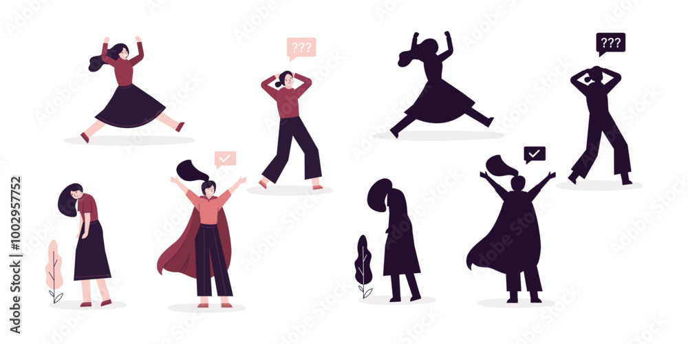 Fototapeta premium Diverse business people. Set of businesswomen in various poses with silhouettes. Successful women, employees, office workers, entrepreneur. Collection of female clerks