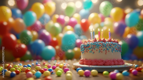 Birthday Cake with Balloons and Candles