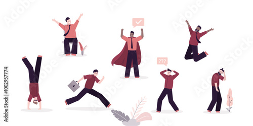business people. Set of businessmen in various poses. Successful men, employees, office workers, entrepreneur hero. Collection of multiethnic male clerks with various activities.