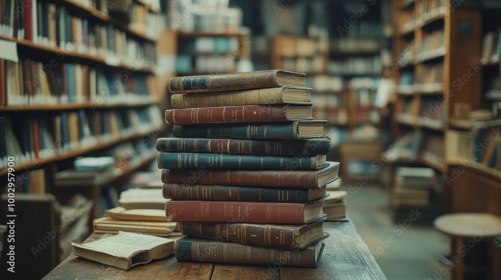 A stack of books on a table in a library